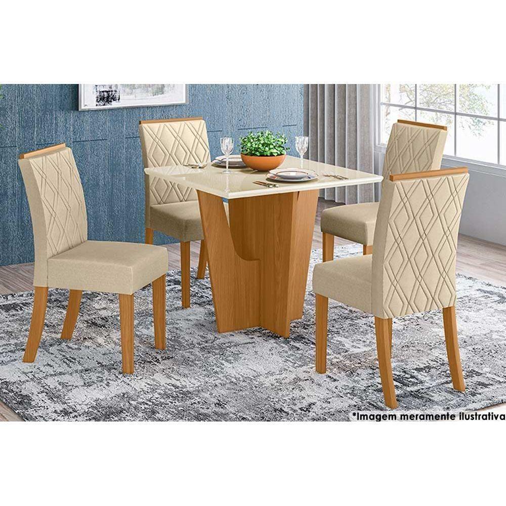 Sala de Jantar Completa Vértice Tampo Reto Madeirado c/Vidro 90x90cm e 4 Cadeiras Vita Nature/Veludo Light Linho - Henn - 1