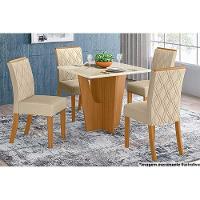 Sala de Jantar Completa Vértice Tampo Reto Madeirado c/Vidro 90x90cm e 4 Cadeiras Vita Nature/Veludo Light Linho - Henn - 1