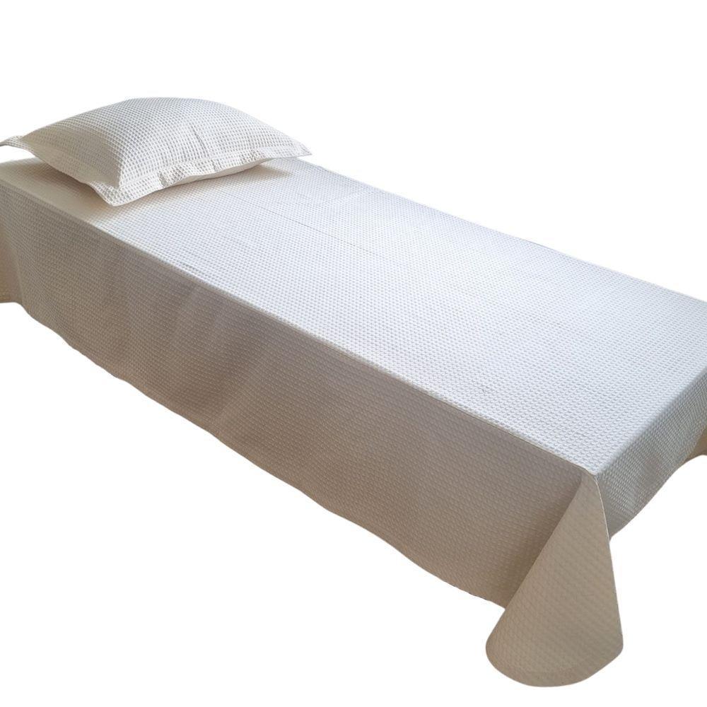 Kit Colcha Cobre Leito Solteiro De Piquet Pesado Com Porta Travesseiro Bege - 1