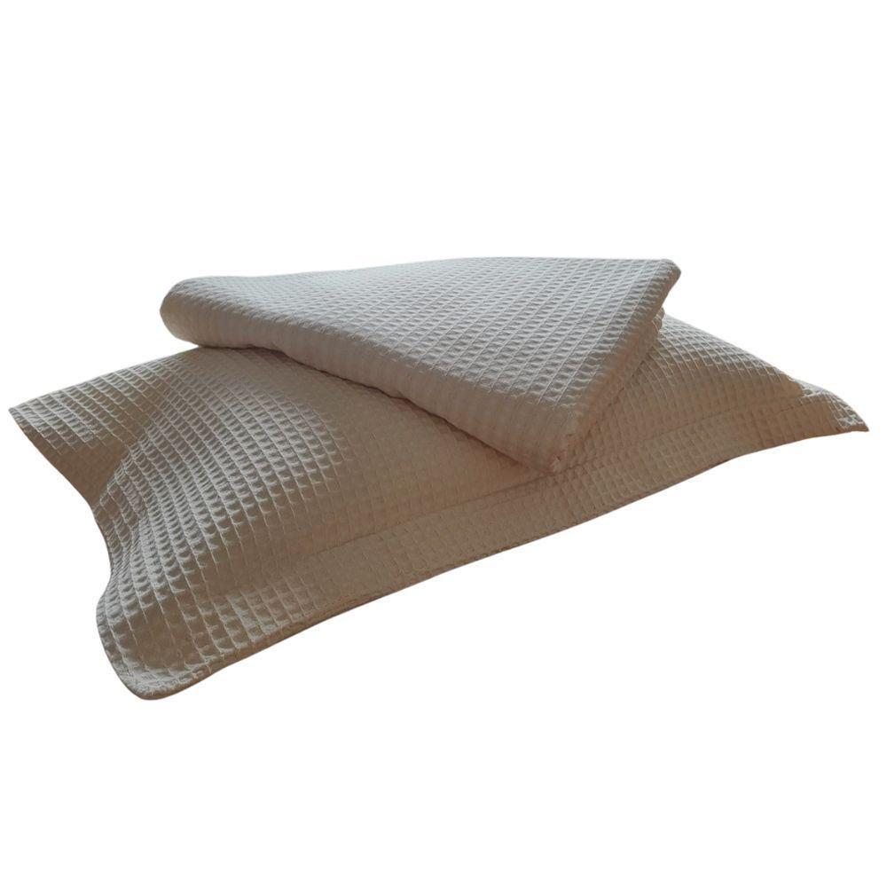 Kit Colcha Cobre Leito Solteiro De Piquet Pesado Com Porta Travesseiro Bege - 2