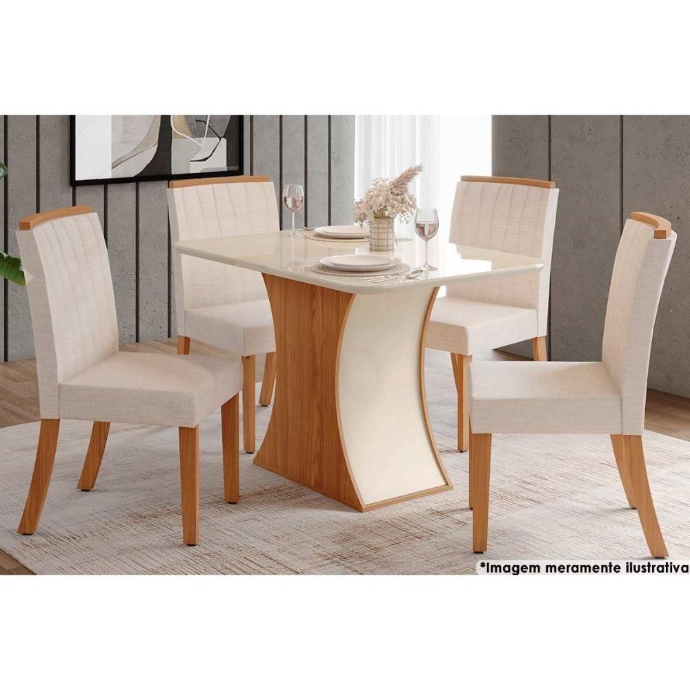 Sala de Jantar Completa Luiza Tampo Curvo Madeirado c/Vidro 120x80cm e 4 Cadeiras Tauá Nature/Veludo Light Linho - Henn - 1