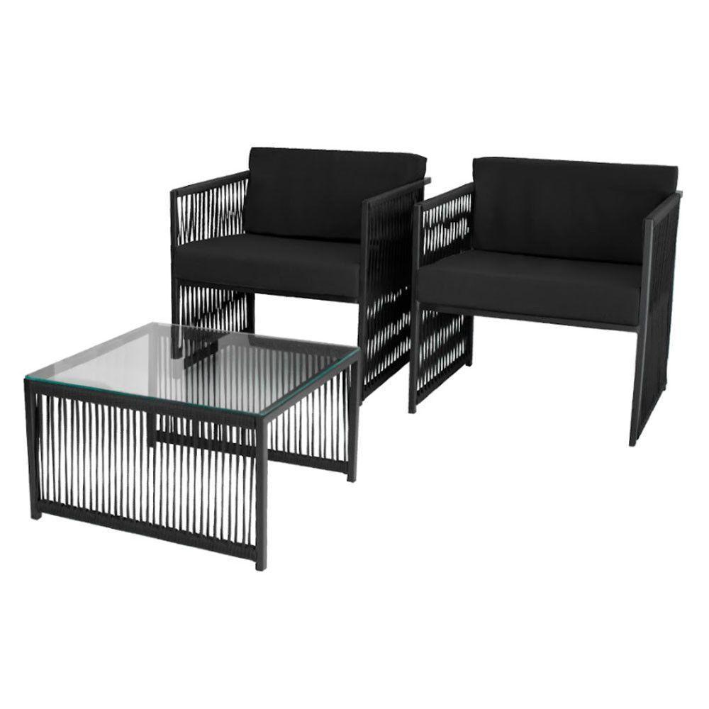 Conjunto De 2 Poltronas E Mesa De Centro Quadrada Com Tampo Preto/preto - 1