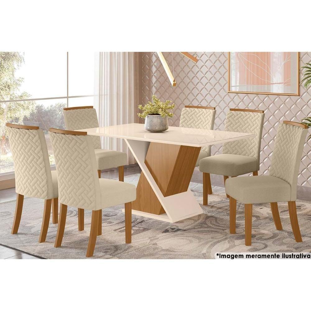 Sala de Jantar Completa Solus Tampo Madeirado c/ Vidro 160x90cm e 6 Cadeiras Malu Nature/Veludo Light Linho - Henn - 1