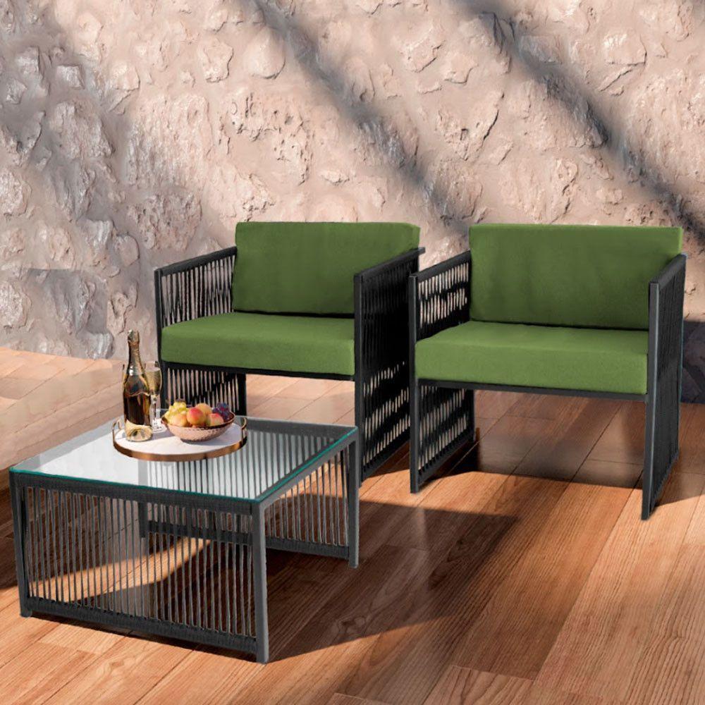 Conjunto De 2 Poltronas E Mesa De Centro Quadrada Com Tampo Preto/verde - 1