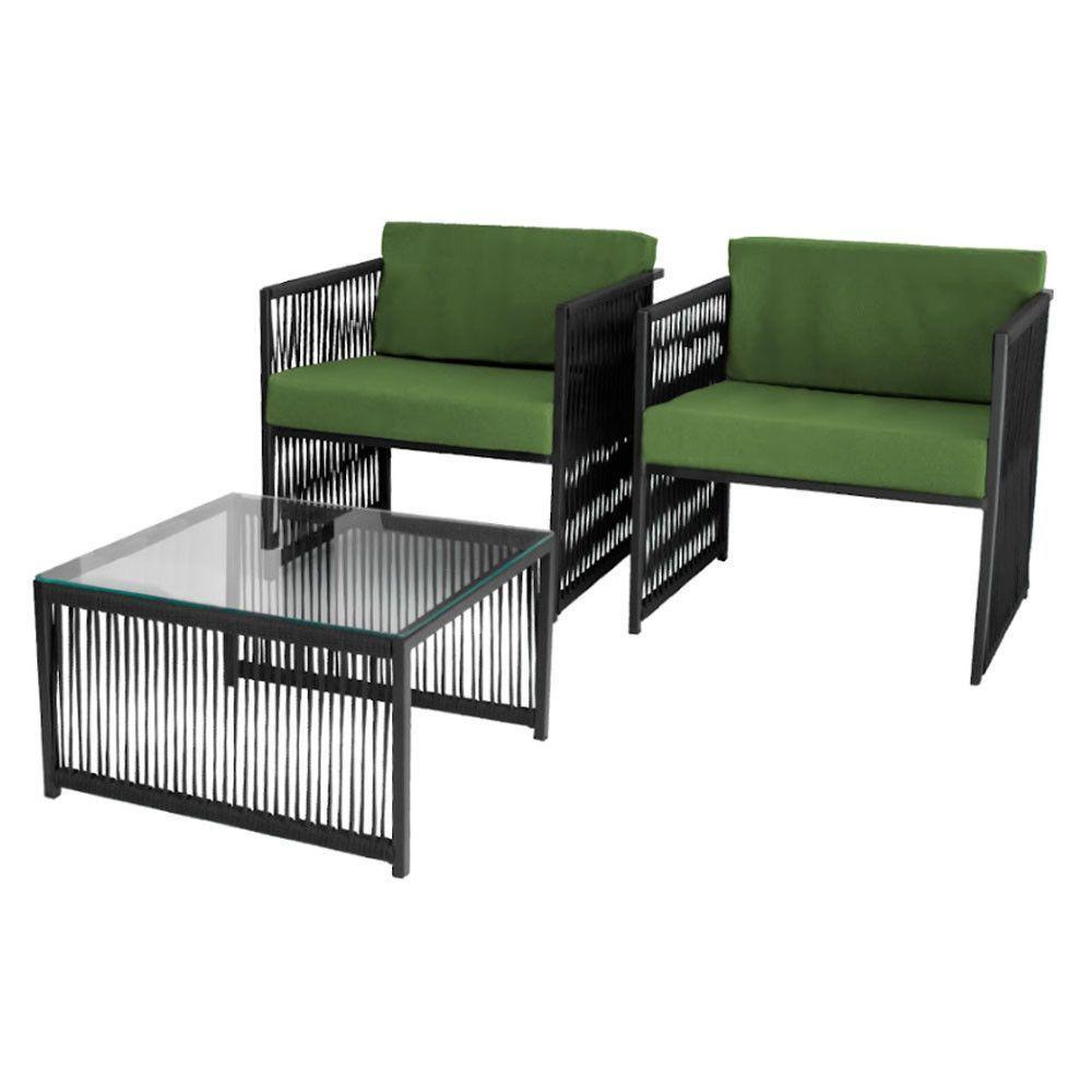 Conjunto De 2 Poltronas E Mesa De Centro Quadrada Com Tampo Preto/verde - 2