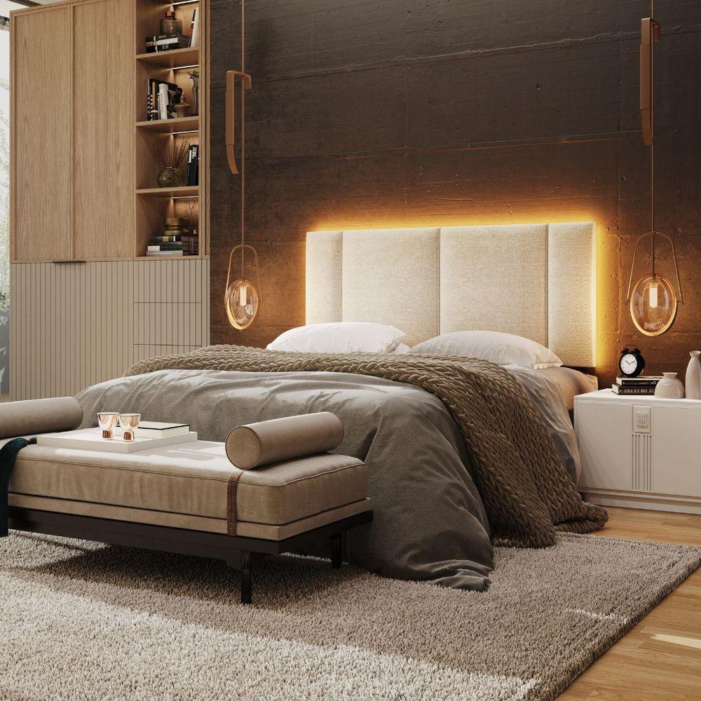Cabeceira Estofada Cama Box Casal Com Led Splend 140 Cm Linho Bege - 1
