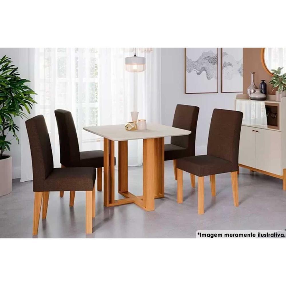 Sala de Jantar Completa Flora c/ Tampo Madeirado 94x94cm e 4 Cadeiras Maia Nature/Suede Mascavo Chocolate - Cimol - 1