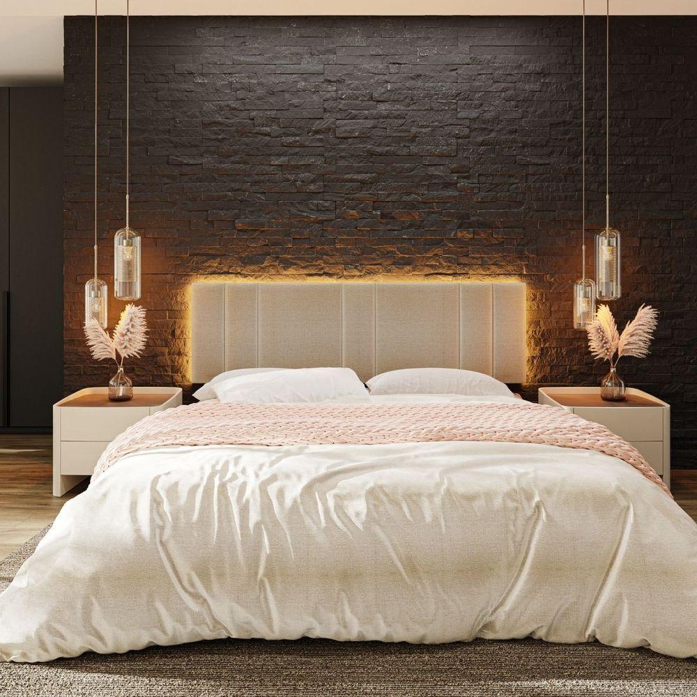 Cabeceira Estofada Iluminação Led Stella Cama King Size 200 Cm Linho Bege - 2