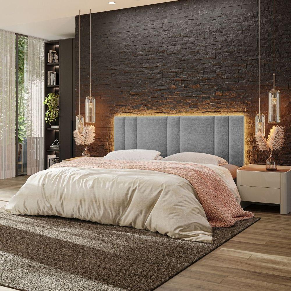 Cabeceira Estofada Cama Casal King Size Led Splend 200 Cm Linho Cinza - 1