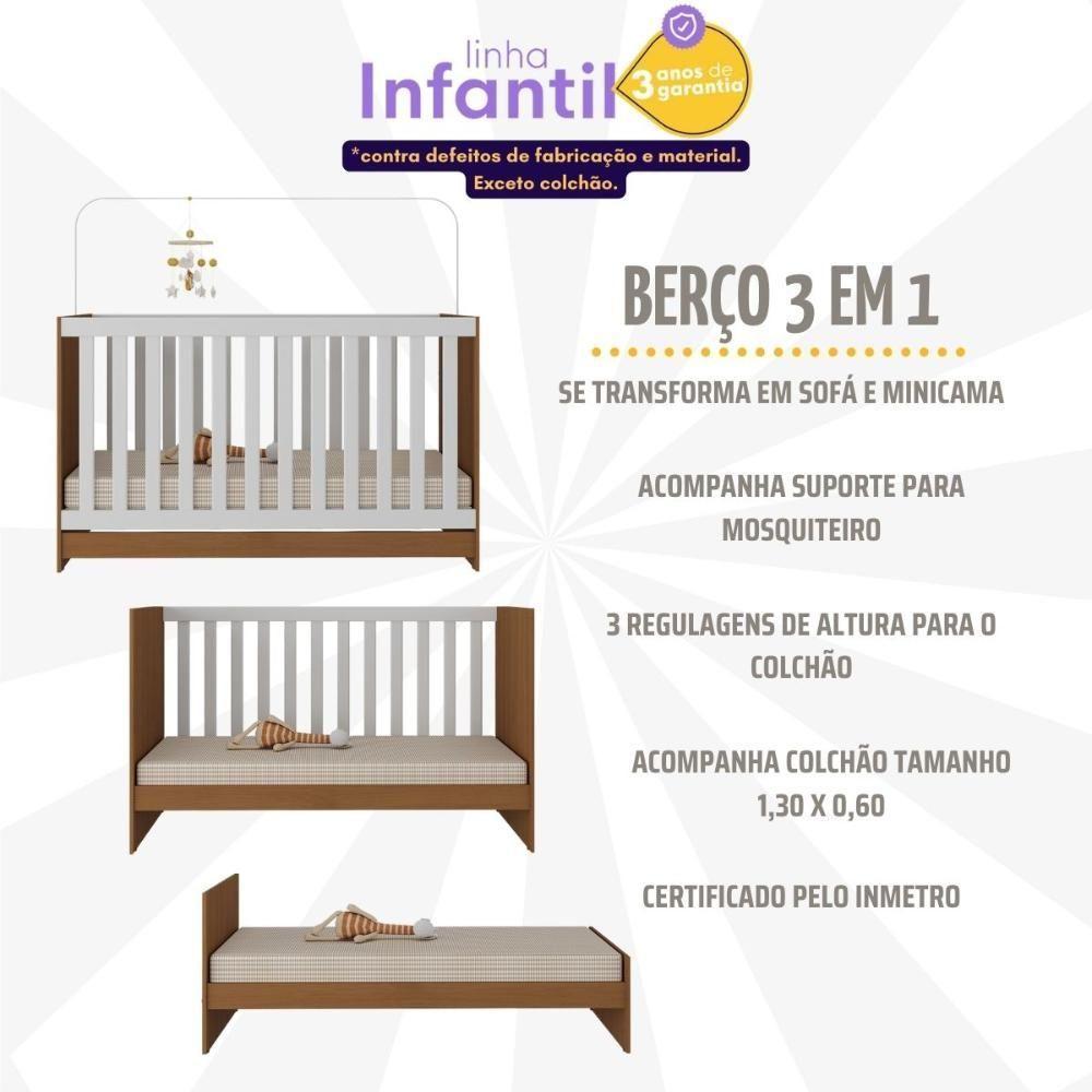 Berço 3 Em 1 Com Colchão Incluso Doce De Leite Multimóveis Madeirado Branco - 6