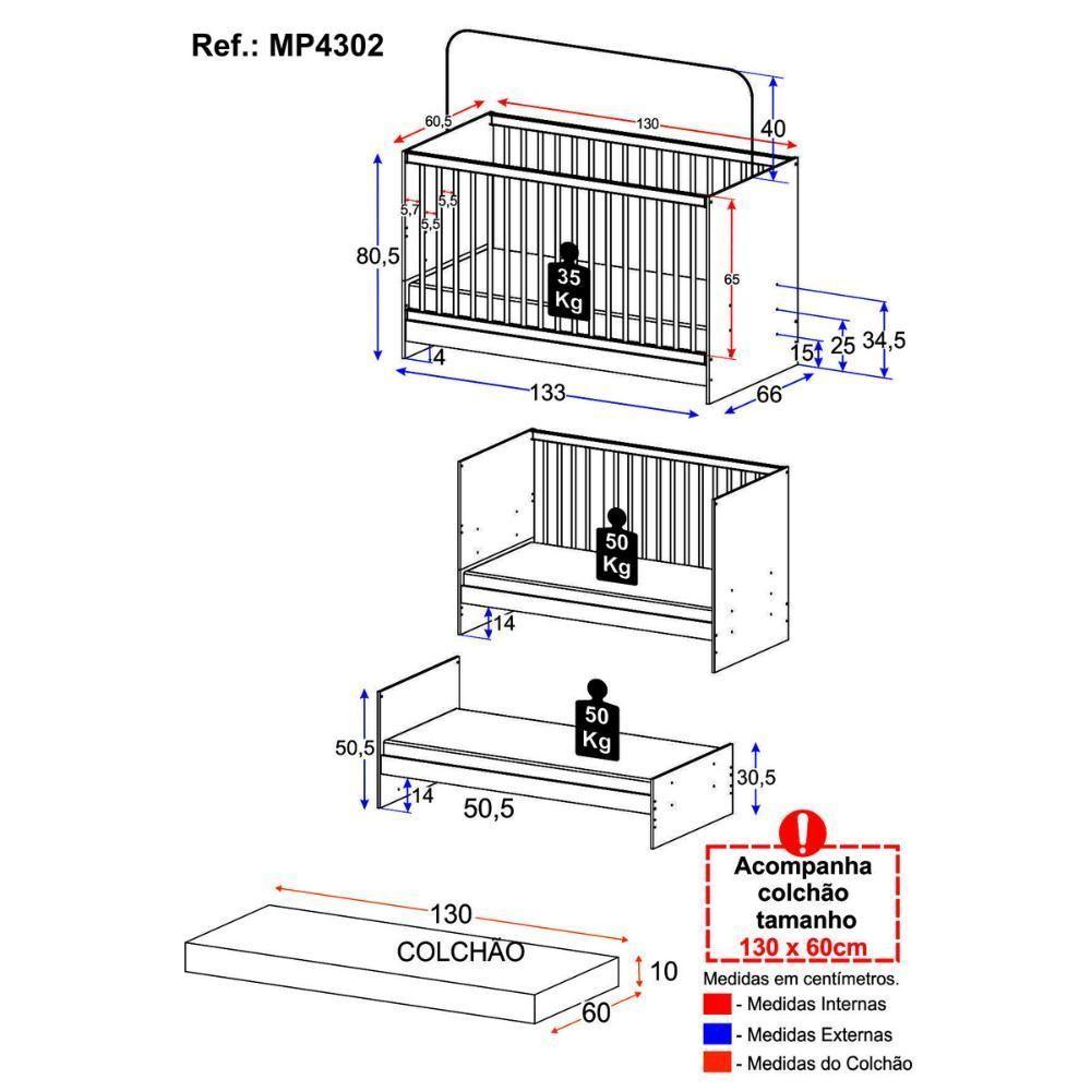 Berço 3 Em 1 Com Colchão Incluso Multimóveis Framboesa Branco - 8