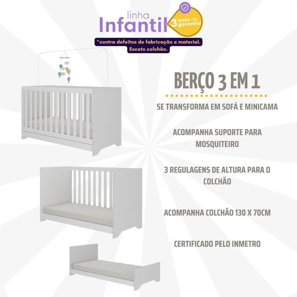 Berço Americano 3 Em 1 Com Colchão Incluso E Rodízios Bambino Multimóveis Branco - 6