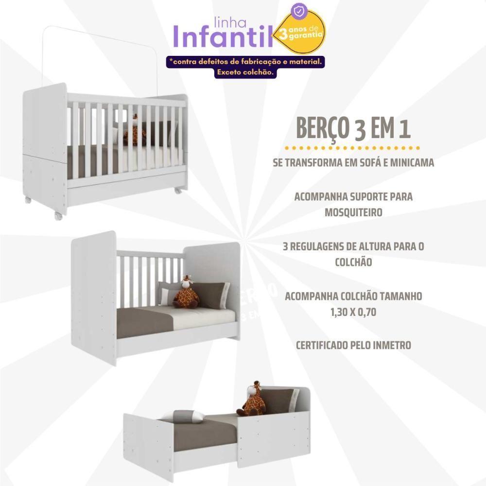 Berço Americano 3x1 Com Colchão Incluso E Rodízios P Multimóveis Branco - 6