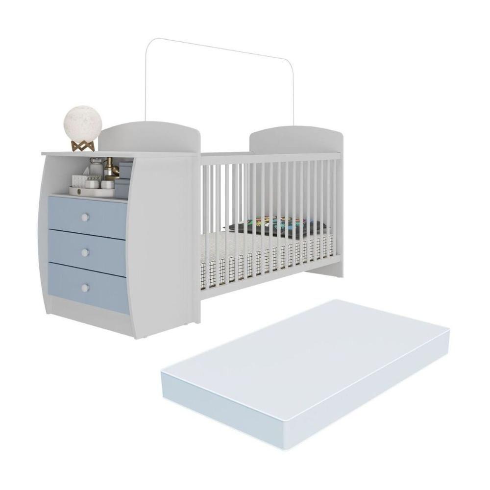 Berço Cômoda Com Colchão Incluso Colinho De Mãe Multimóveis Branco Azul - 1