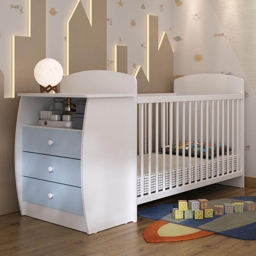 Berço Cômoda Com Colchão Incluso Colinho De Mãe Multimóveis Branco Azul - 7