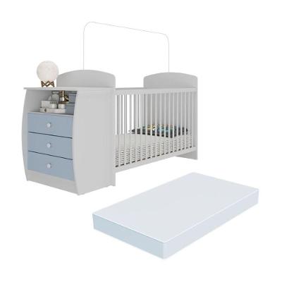 Berço Multifuncional Mp4304 em Mdp com Colchão Incluso Branco Azul para Bebê