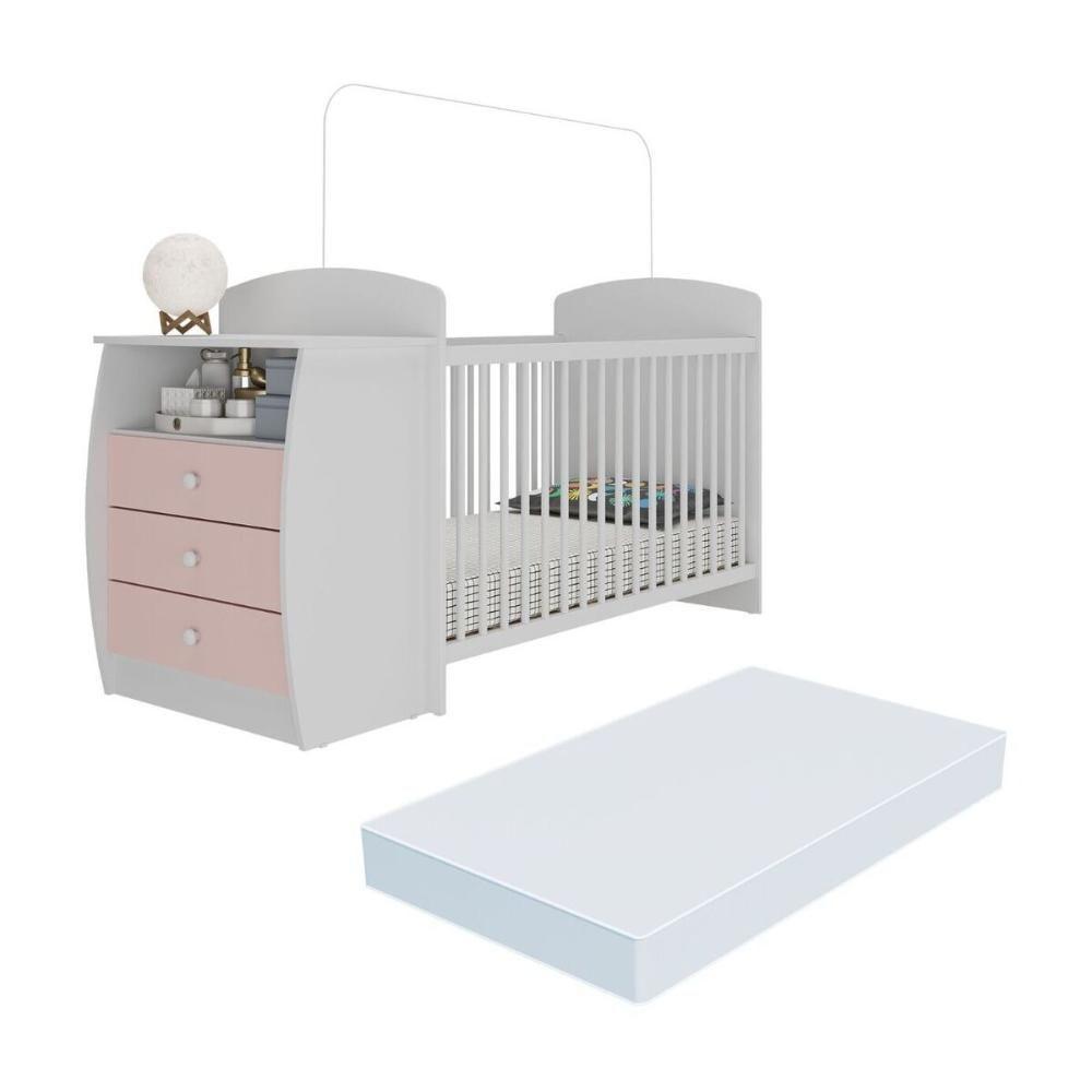 Berço Cômoda Com Colchão Incluso Colinho De Mãe Multimóveis Branco Rosa - 1