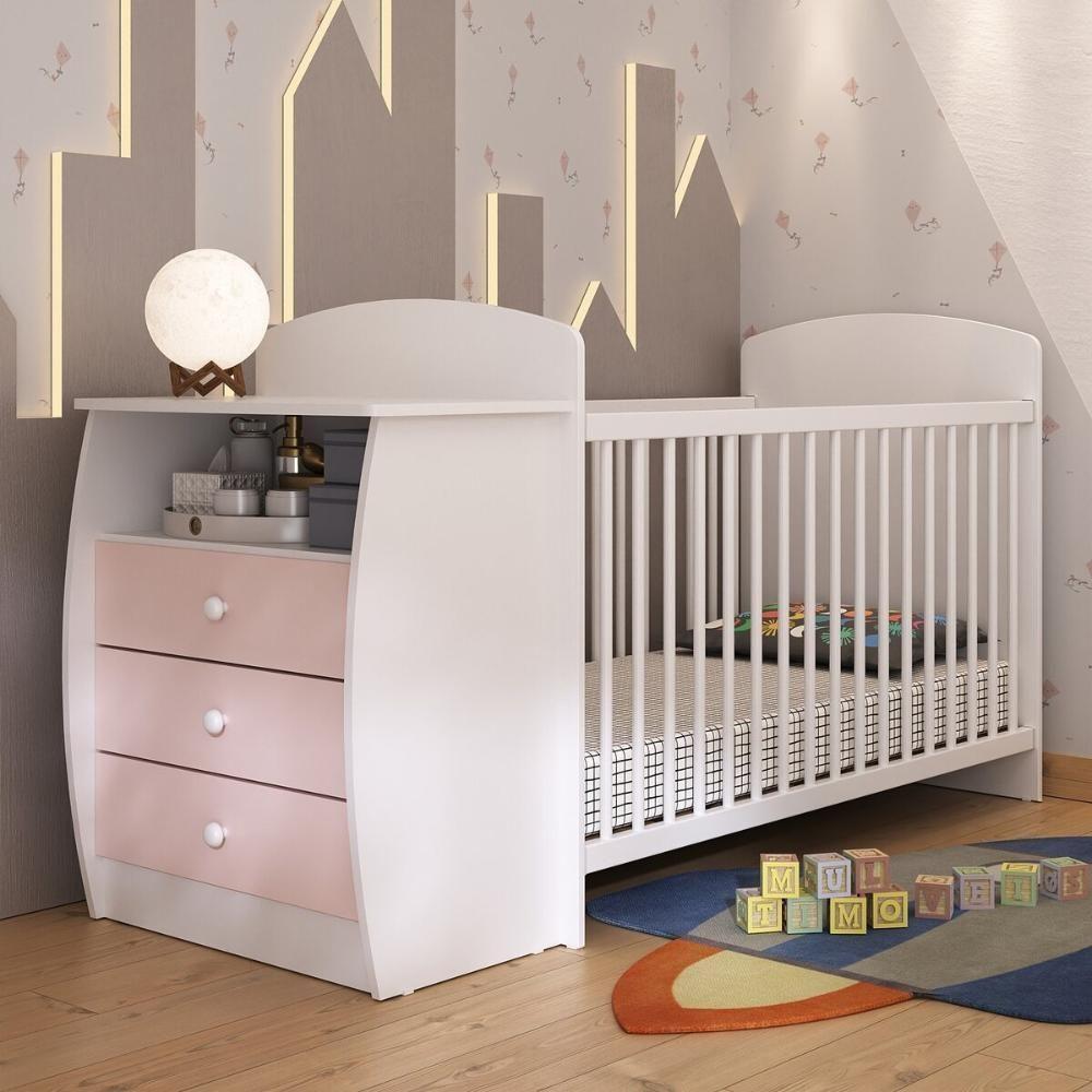 Berço Cômoda Com Colchão Incluso Colinho De Mãe Multimóveis Branco Rosa - 7