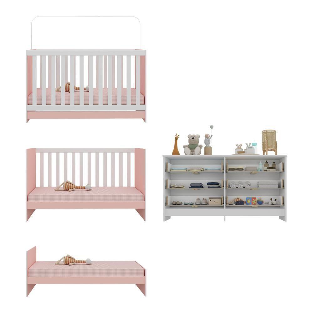 Berço 3 Em 1 Com Colchão Incluso E Cômoda Doce De Leite Multimóveis Branco Rosa - 3