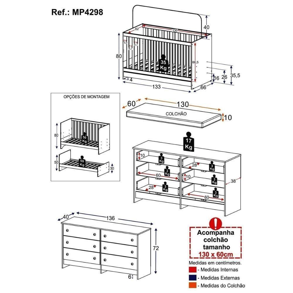 Berço 3 Em 1 Com Colchão Incluso E Cômoda Doce De Leite Multimóveis Branco Rosa - 7