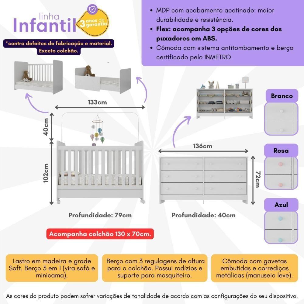 Berço 3 Em 1 Com Colchão Incluso Rodízios E Cômoda Chantilly Multimóveis Branco - 6