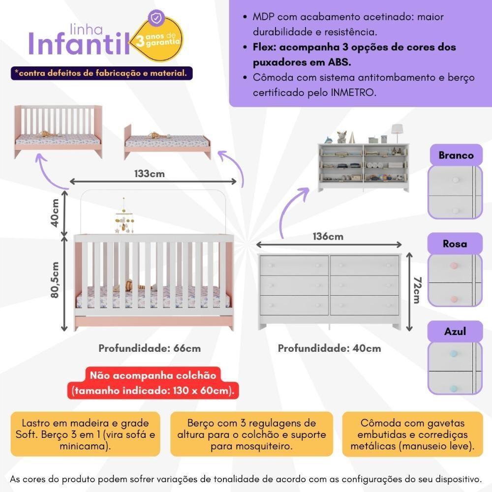 Berço 3 Em 1 Para Colchão 130 X 60cm Com Cômoda Doce De Leite Multimóveis Branco Rosa - 5