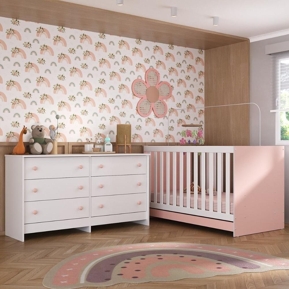 Berço 3 Em 1 Para Colchão 130 X 60cm Com Cômoda Doce De Leite Multimóveis Branco Rosa - 6