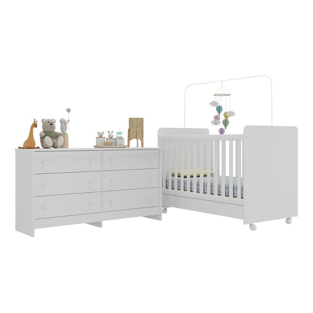 Berço 3 Em 1 Para Colchão 130x70cm Com Rodízios E Cômoda Chantilly Multimóveis Branco - 1