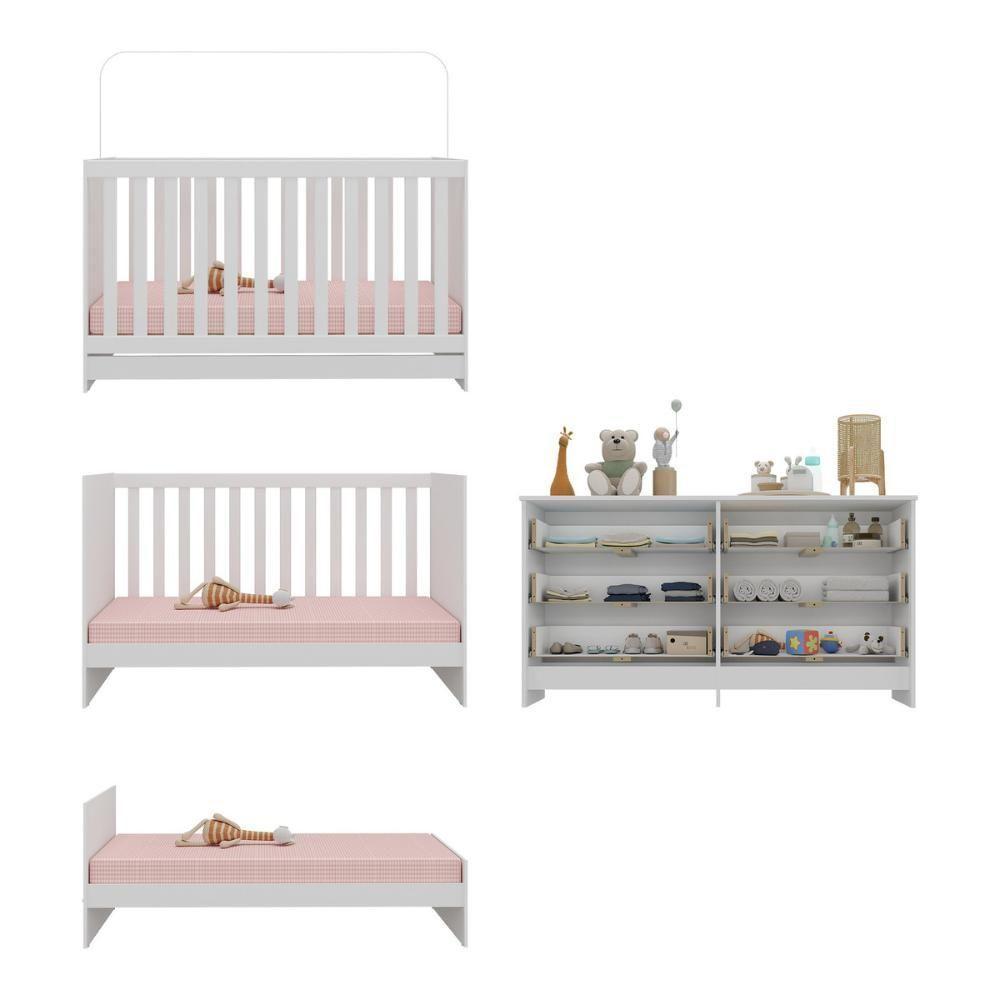 Berço 3 Em 1 Para Colchão 130 X 60cm Com Cômoda Doce De Leite Multimóveis Branco - 3
