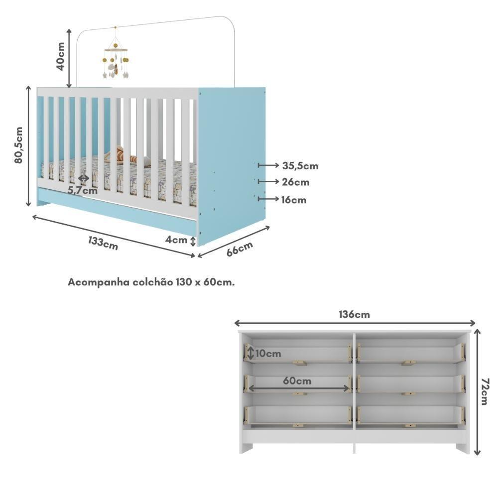 Berço 3 Em 1 Com Colchão Incluso E Cômoda Doce De Leite Multimóveis Branco Azul - 4