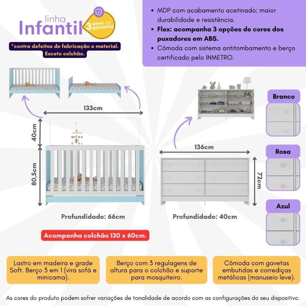 Berço 3 Em 1 Com Colchão Incluso E Cômoda Doce De Leite Multimóveis Branco Azul - 5
