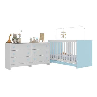 Berço 3 em 1 Multifuncional Mp4298 em MDP com Colchão Incluso Branco Azul para Quarto de Bebê