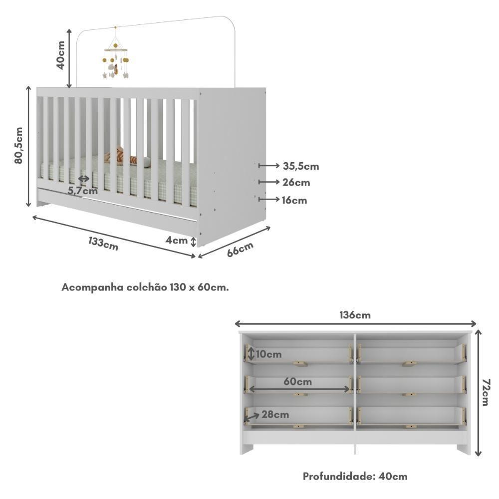 Berço 3 Em 1 Com Colchão Incluso E Cômoda Doce De Leite Multimóveis Branco - 4