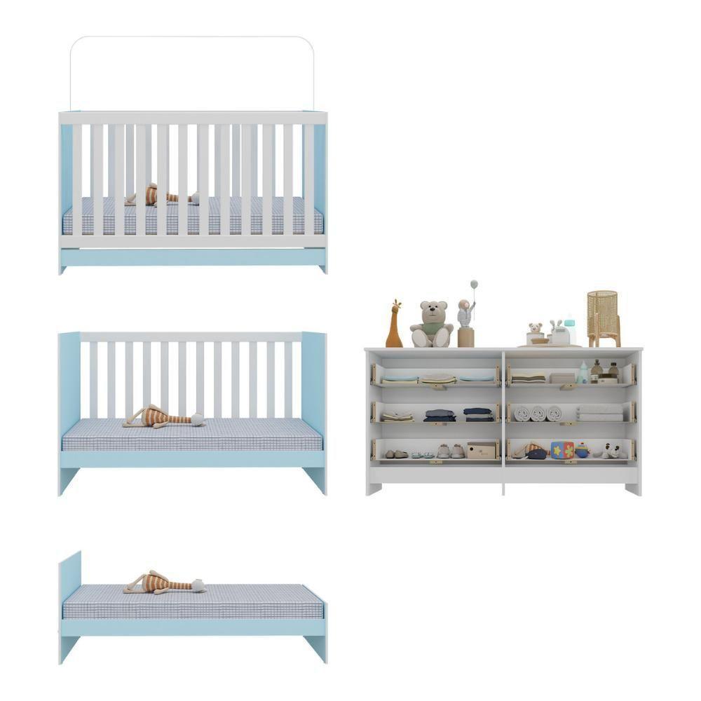 Berço 3 Em 1 Para Colchão 130 X 60cm Com Cômoda Doce De Leite Multimóveis Branco Azul - 3