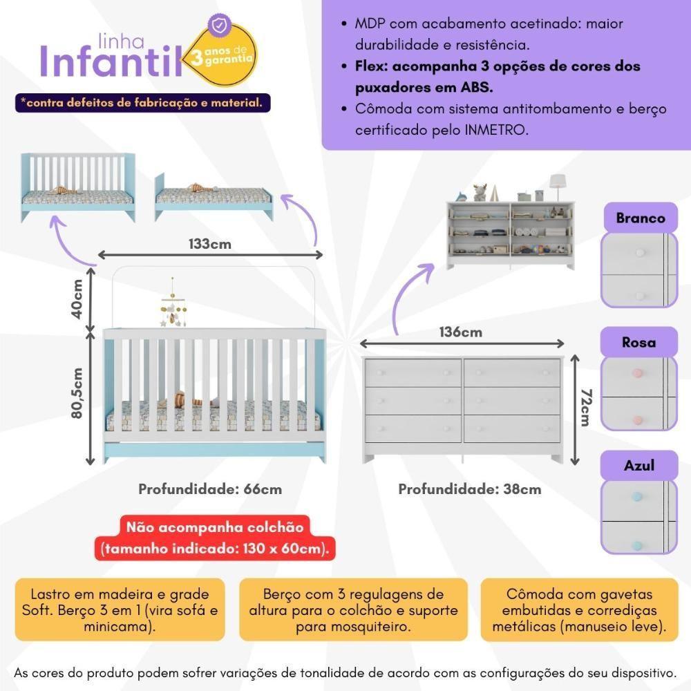 Berço 3 Em 1 Para Colchão 130 X 60cm Com Cômoda Doce De Leite Multimóveis Branco Azul - 5