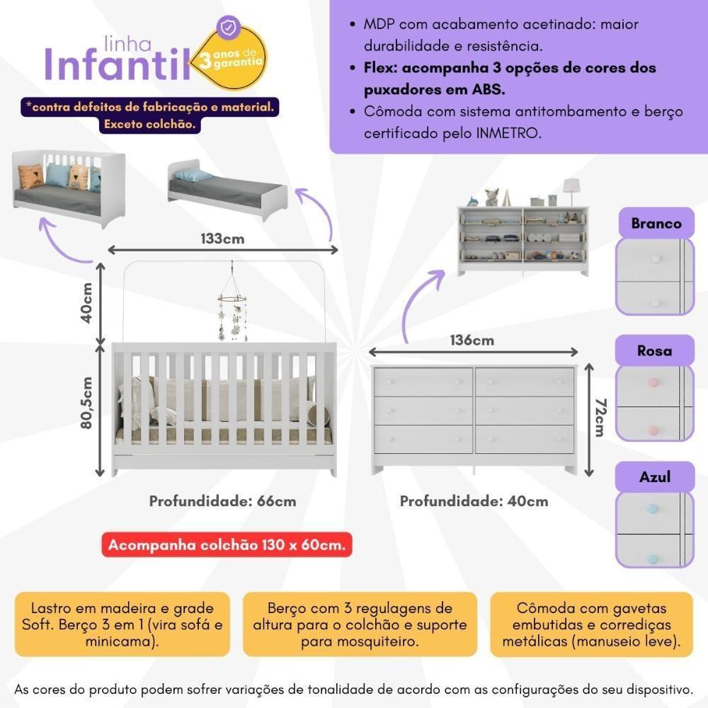 Berço 3 Em 1 Com Colchão Incluso E Cômoda Pipoca Multimóveis Branco - 5