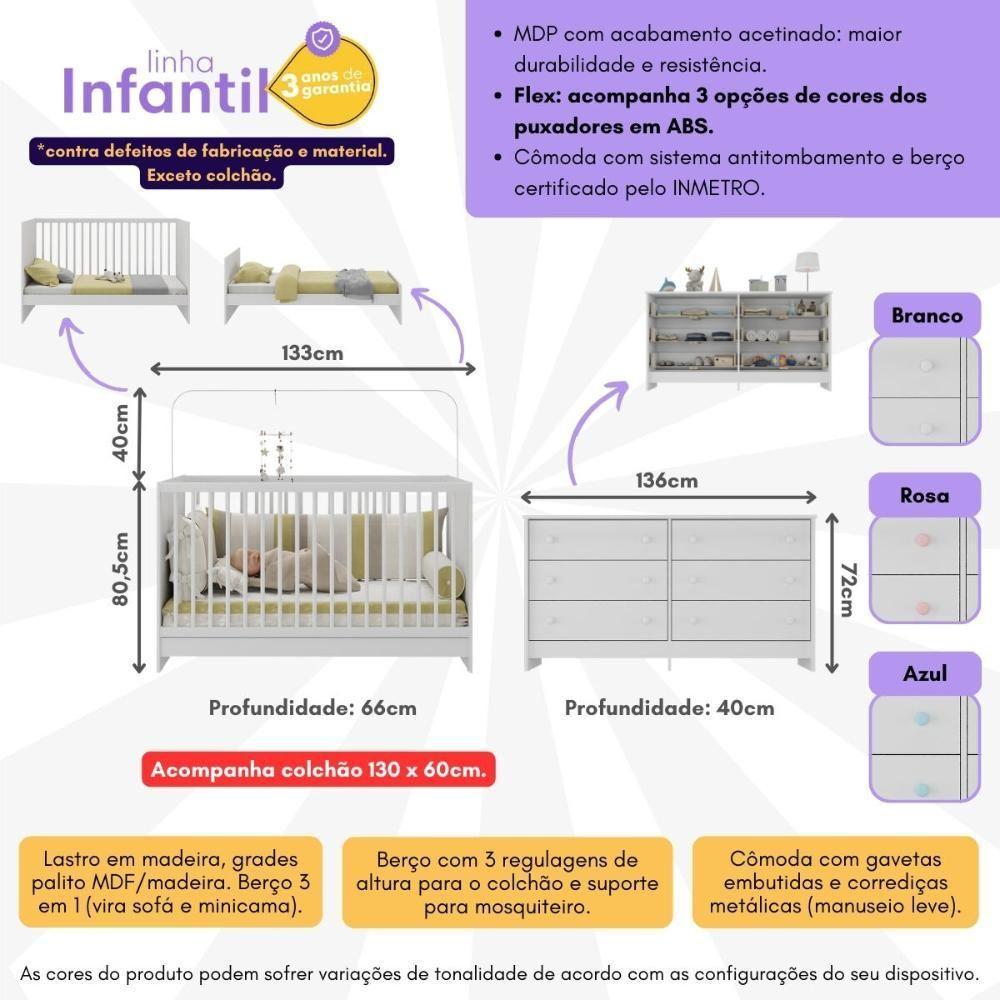 Berço 3 Em 1 Com Colchão Incluso E Cômoda Framboesa Multimóveis Branco - 5