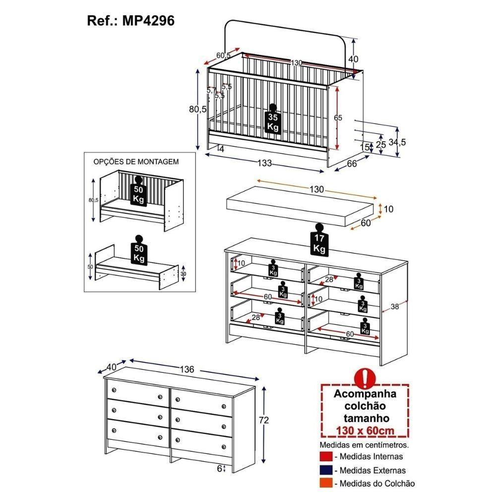 Berço 3 Em 1 Com Colchão Incluso E Cômoda Framboesa Multimóveis Branco - 7
