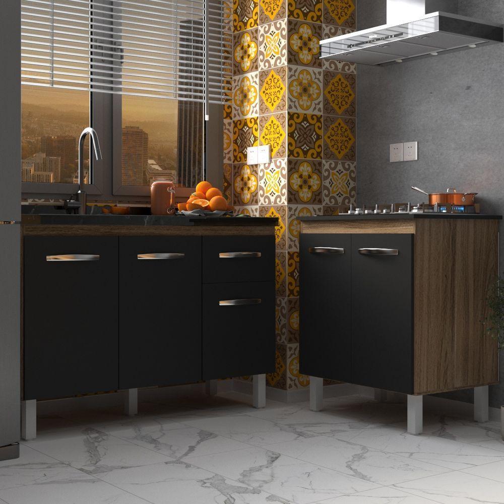 Armário Cozinha Gabinete Pia De 120 Cm Aline E Balcão Fran Para Cooktop 5 Bocas Savana Preto - 6