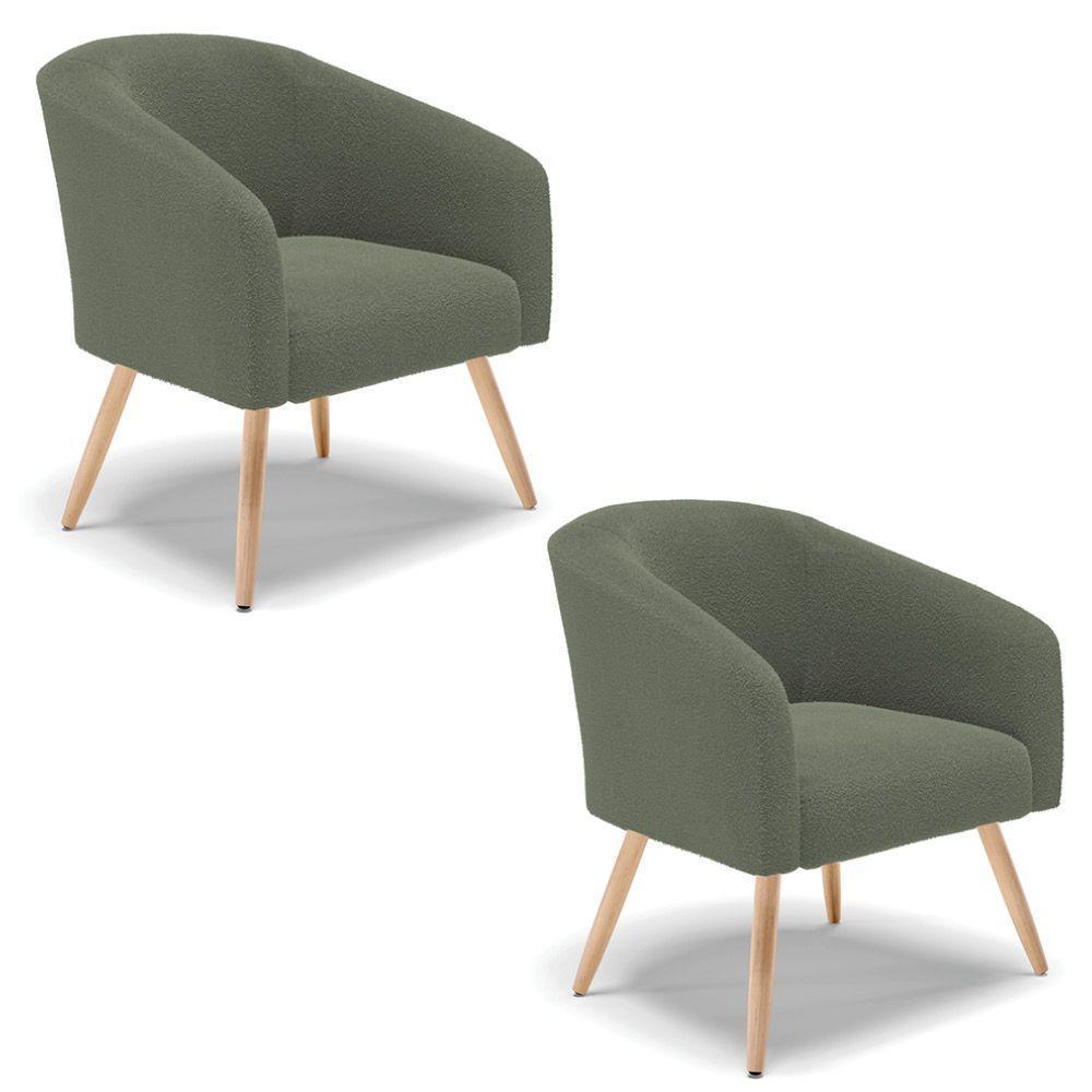 Poltrona Decorativa Pé Palito Natural Kit 2 Stella Bouclê D03 Verde Pistache - 1