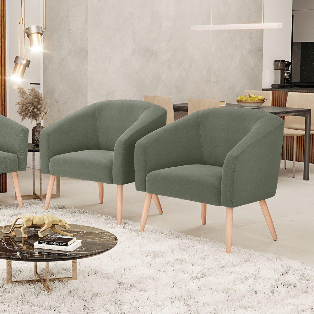 Poltrona Decorativa Pé Palito Natural Kit 2 Stella Bouclê D03 Verde Pistache - 2