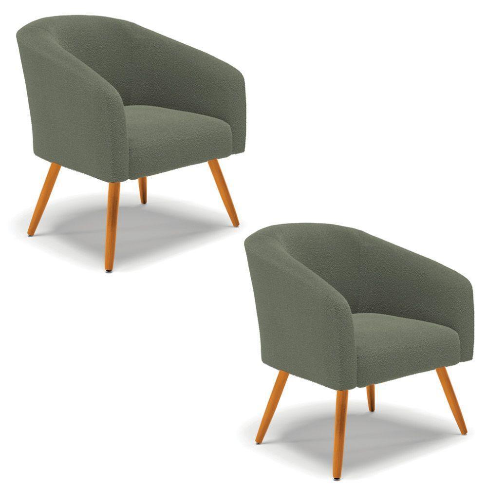Poltrona Para Sala Pé Palito Castanho Kit 2 Stella Bouclê D03 Verde Pistache - 1