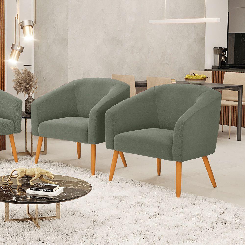 Poltrona Para Sala Pé Palito Castanho Kit 2 Stella Bouclê D03 Verde Pistache - 6