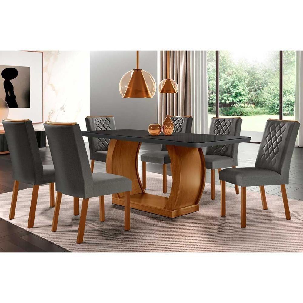 Sala de Jantar Completa Jade Tampo Madeirado c/ Vidro Curvo 180x90 e 6 Cadeiras Jade Imbuia/Veludo Grafite - Rufato - 1