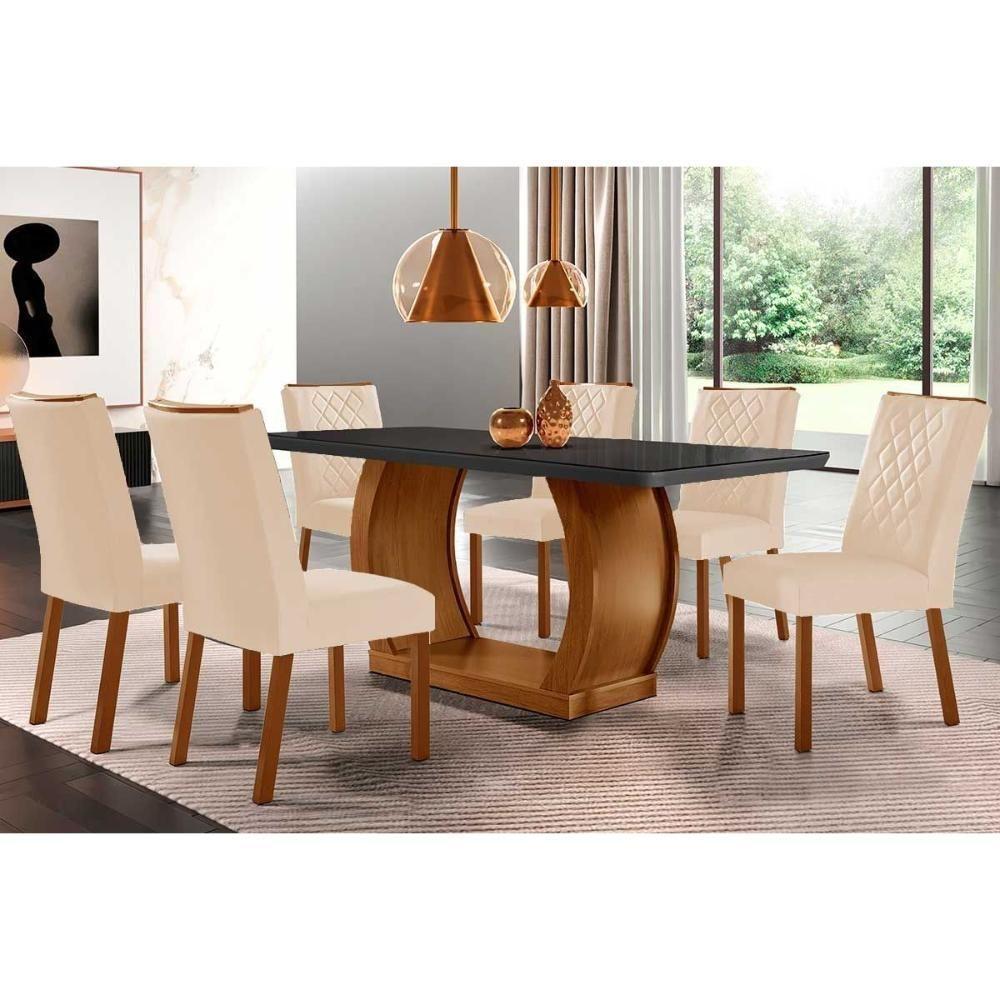 Sala de Jantar Completa Jade Tampo Madeirado c/ Vidro Curvo 180x90 e 6 Cadeiras Jade Imbuia/Veludo Creme/Pérola - Rufato - 1