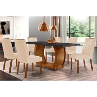 Sala de Jantar Completa Jade Tampo Madeirado c/ Vidro Curvo 180x90 e 6 Cadeiras Jade Imbuia/Veludo Creme/Pérola - Rufato - 1