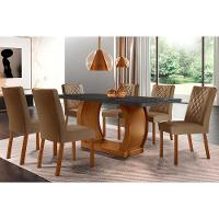 Sala de Jantar Completa Jade Tampo Madeirado c/ Vidro Curvo 180x90 e 6 Cadeiras Jade Imbuia/Veludo Capuccino - Rufato - 1