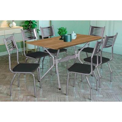 Sala de Jantar Completa Loire c/ Tampo de Madeira 160cm + 6 Cadeiras Nápoles Cromada/Preto 110 - Kappesberg