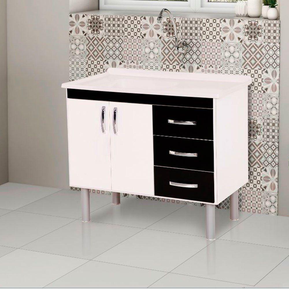 Balcão Tóquio 2 Portas E 3 Gavetas Para Pia De 120 Cm Rorato Branco Com Preto - 1