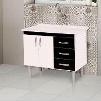 Balcão Tóquio 2 Portas E 3 Gavetas Para Pia De 120 Cm Rorato Branco Com Preto - 1